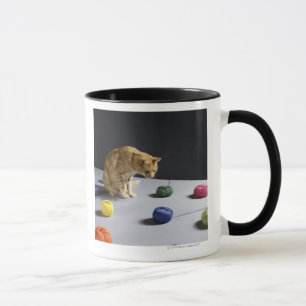 Ingwer Tabbykatze, die auf Tabelle sitzt Tasse
