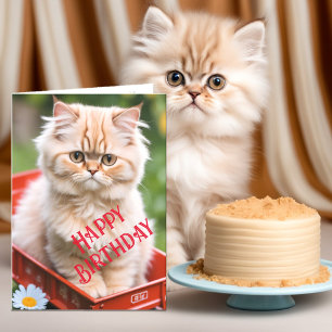 Ingwer und Cream Tabby Cat in Red Wagon Geburtstag Karte