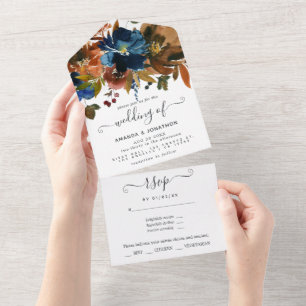 Ingwer- und Marineblaue Florale Hochzeit All In One Einladung