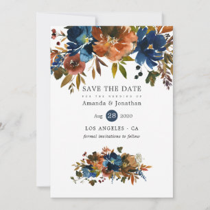 Ingwer- und Marineblaue Florale Hochzeit Save The Date