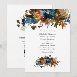Ingwer- und Marineblaues florales QR-Code-RSVP-Hoc Einladung