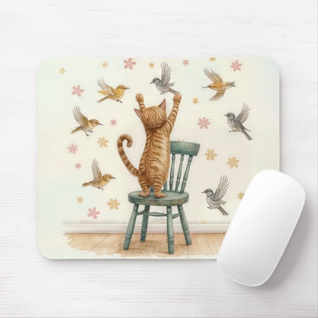 Ingwerkatze, die einen Vogel auf Papier fängt Mousepad (Mit Mouse)