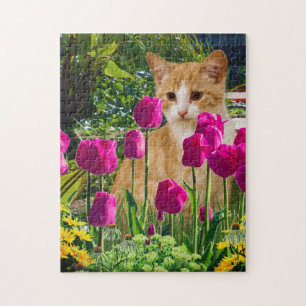 Ingwerkatze im Tulpen Garten Puzzle