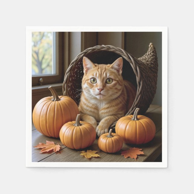 Ingwerkatze in einem Erntedank Wicker Cornucopia Serviette (Vorderseite)