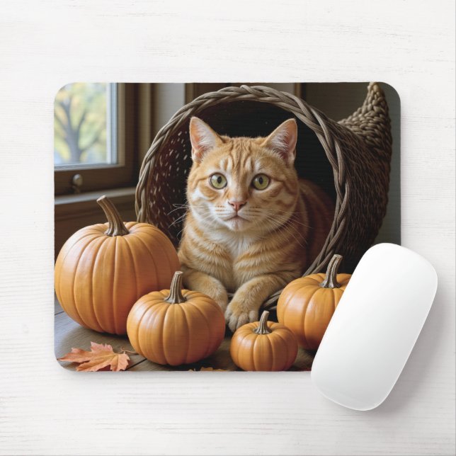 Ingwerkatze in einem Wicker-Cornucopia Mousepad (Mit Mouse)