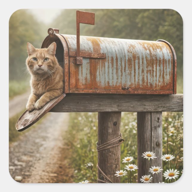 Ingwerkatze in einer Mailbox Quadratischer Aufkleber (Vorderseite)