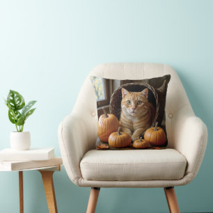 Ingwerkatze in einer Thanksgiving-Cornucopia Kissen