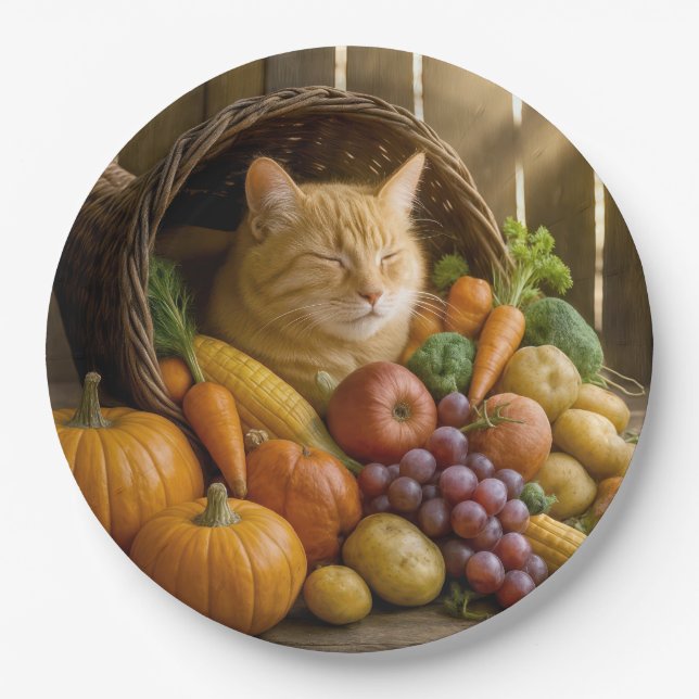 Ingwerkatze in einer Thanksgiving-Cornucopia Pappteller (Vorderseite)