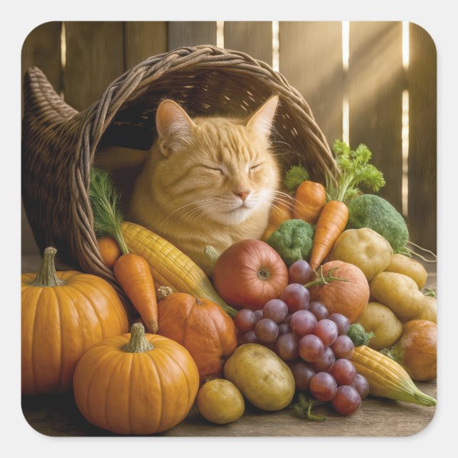 Ingwerkatze in einer Thanksgiving-Cornucopia Quadratischer Aufkleber (Vorderseite)