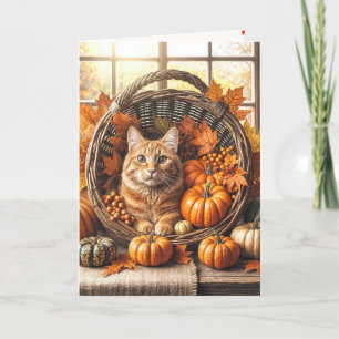 Ingwerkatze in Thanksgiving-Füllhorn Feiertagskarte