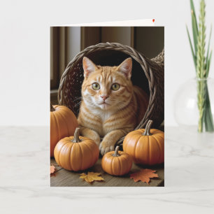 Ingwerkatze in Thanksgiving-Füllhorn Feiertagskarte