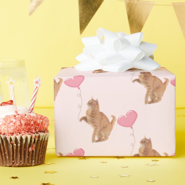 Ingwerkatze mit rosa Ballon Geschenkpapier (Geburtstagsparty)
