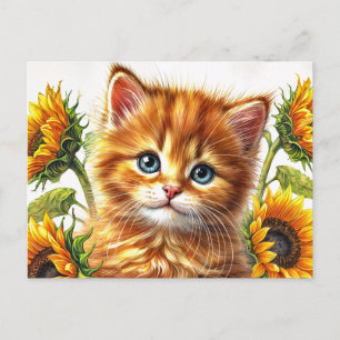 Ingwerkatze mit Sonnenblumen Wasserfarbe Postkarte
