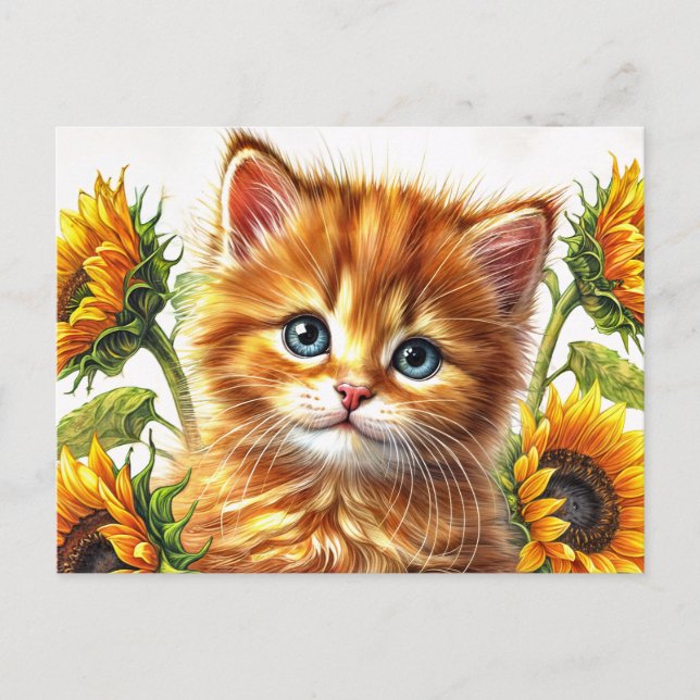 Ingwerkatze mit Sonnenblumen Wasserfarbe Postkarte (Vorderseite)