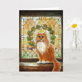 Ingwerkatze mit Viktorianischem Buntglasfenster Karte