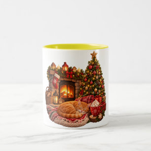 Ingwerkatze schlafend am Kamin Weihnachts-Clipart Zweifarbige Tasse