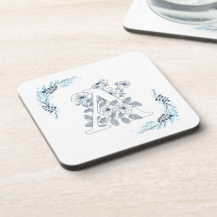 Initial "A" Blue Monogram Calm Floral Getränkeuntersetzer