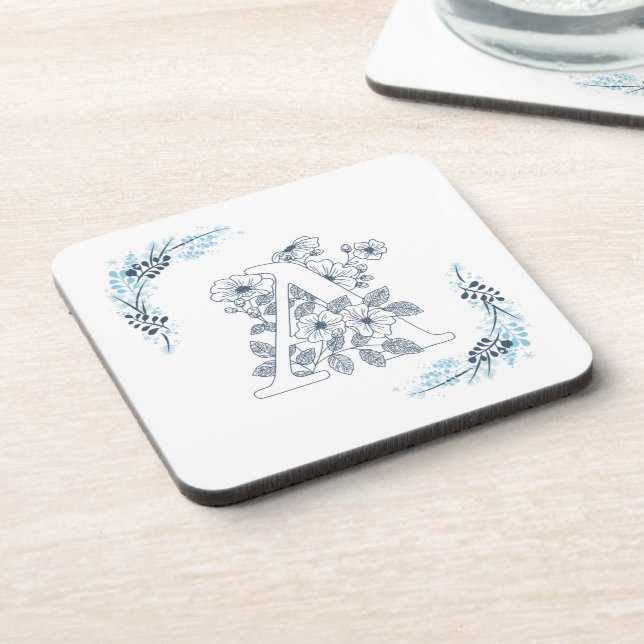 Initial "A" Blue Monogram Calm Floral Getränkeuntersetzer (Linke Seite)