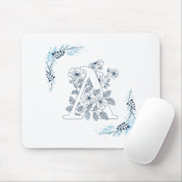 Initial "A" Blue Monogram Calm Floral Mousepad