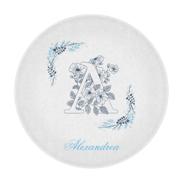 Initial "A" Blue Monogram Calm Floral Schneidebrett (Vorderseite)