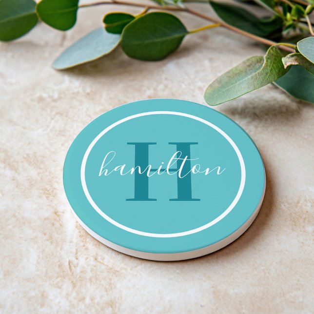 Initial Aquamarin Blue Round Custom Monogram Getränkeuntersetzer (Von Creator hochgeladen)