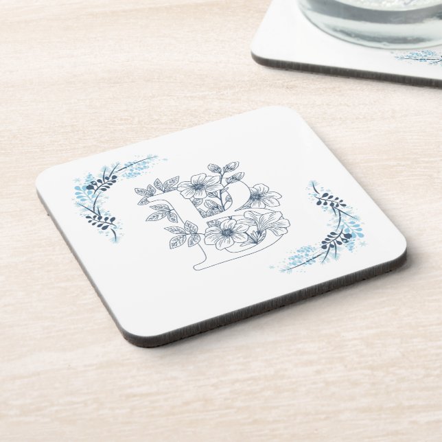 Initial "B" Blue Monogram Calm Floral Getränkeuntersetzer (Linke Seite)