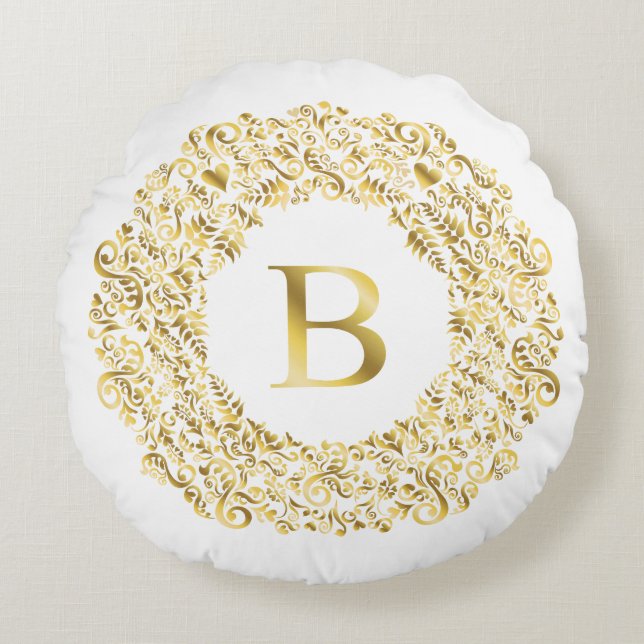 Initial B golden Damask Classic Muster Rundes Kissen (Vorderseite)