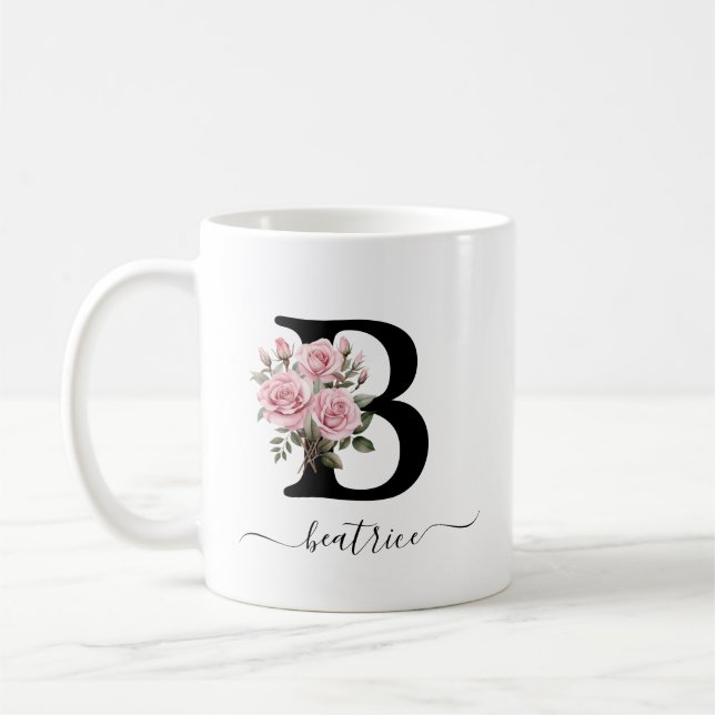Initial B Rosa Rosen Floral Blume Monogramm Name Kaffeetasse (Links)