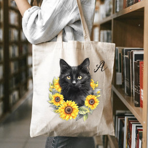 Initial Black Cat Sunflower Wreath Monogram Tragetasche