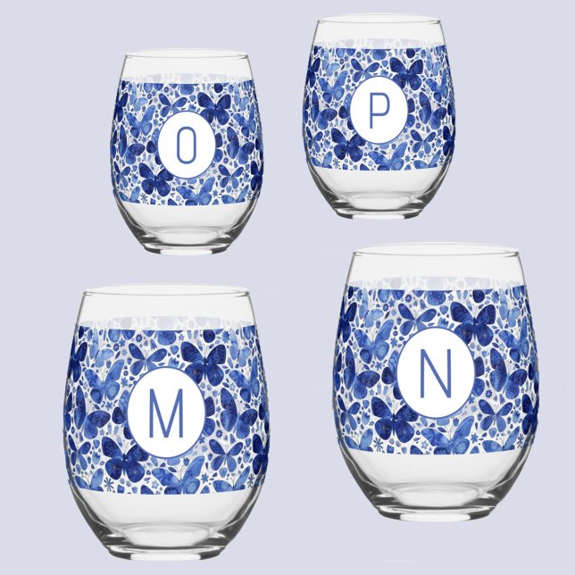 Initial Butterfly Watercolor Blue Monogram Weinglas Ohne Stiel (Blue watercolor butterfly pattern personalized monogram initial glasses)