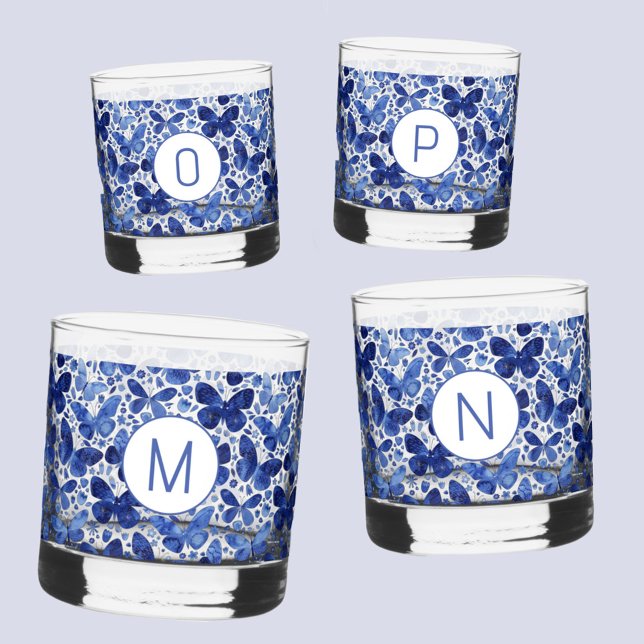 Initial Butterfly Watercolor Blue Monogram Whiskyglas (Blue watercolor butterfly pattern personalized monogram initial glasses)