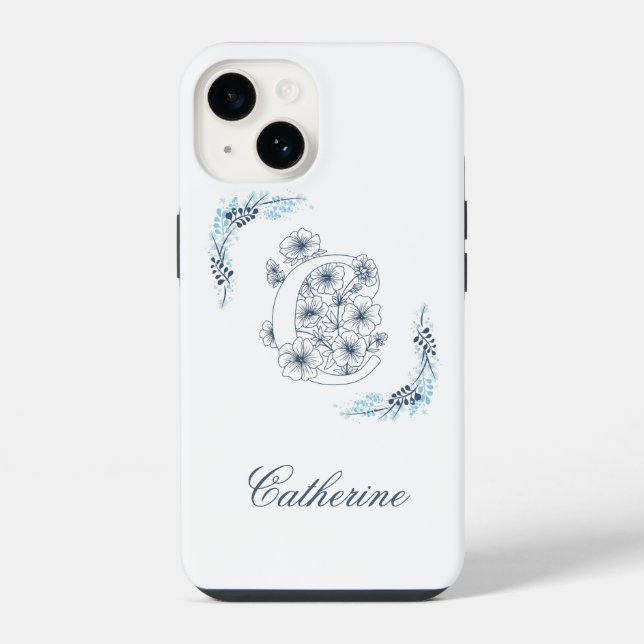 Initial "C" Blue Monogram Calm Floral iPhone Hülle (Rückseite)