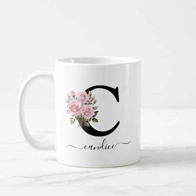 Initial C Rosenrosen Blume Monogramm Name Kaffeetasse (Links)