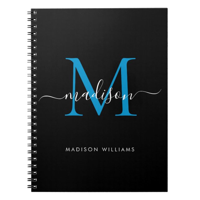 Initial Chic Black Ocean Blue Monogram Script Name Notizblock (Vorderseite)