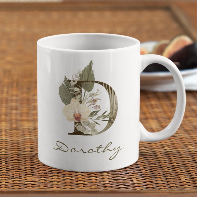Initial D Boho Floral Orchid Greenery Individuelle Kaffeetasse (Von Creator hochgeladen)