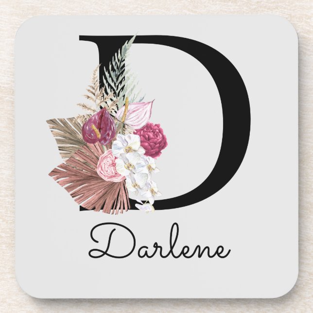 Initial D Modern Pink Boho Girly Floral Getränkeuntersetzer (Vorderseite)