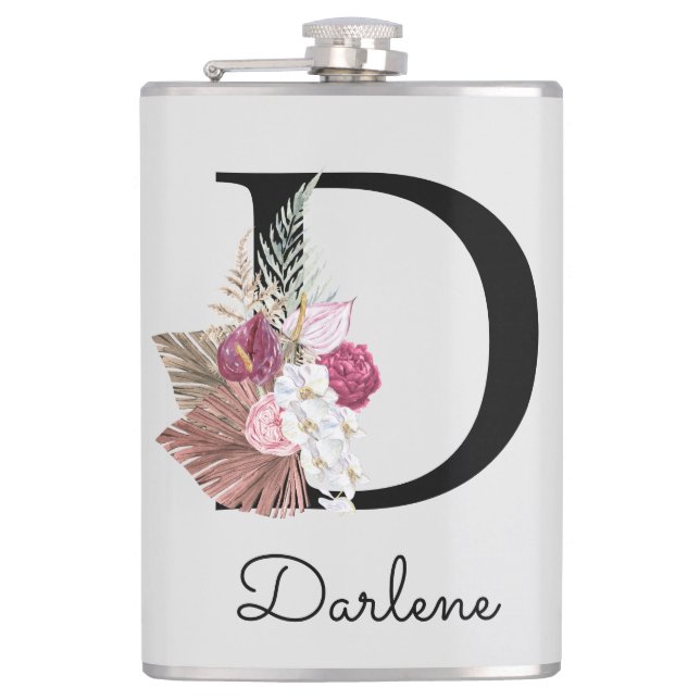 Initial D Monogrammierte Pinke Boho Blumige Flachmann (Vorderseite)