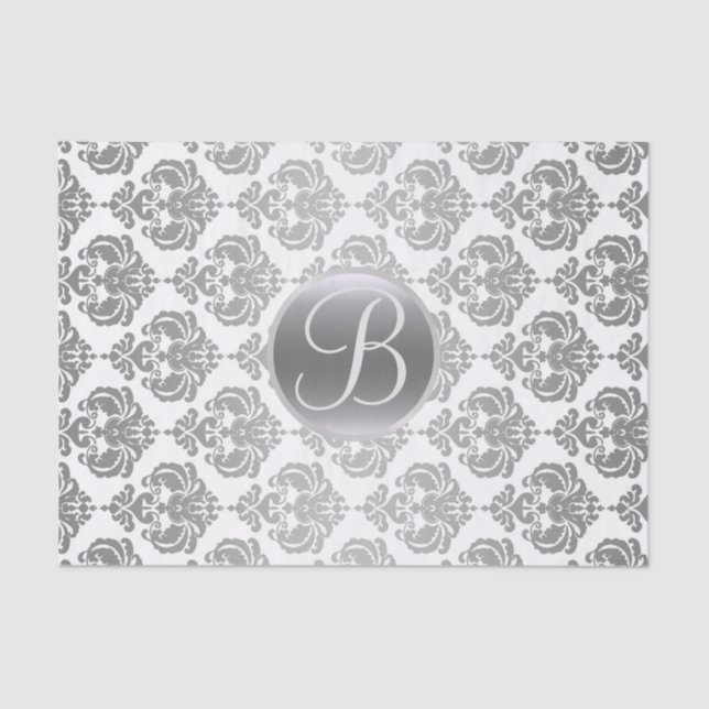 Initial der Silver White Glam Damask Monogram Lett Seidenpapier (Vorderseite)