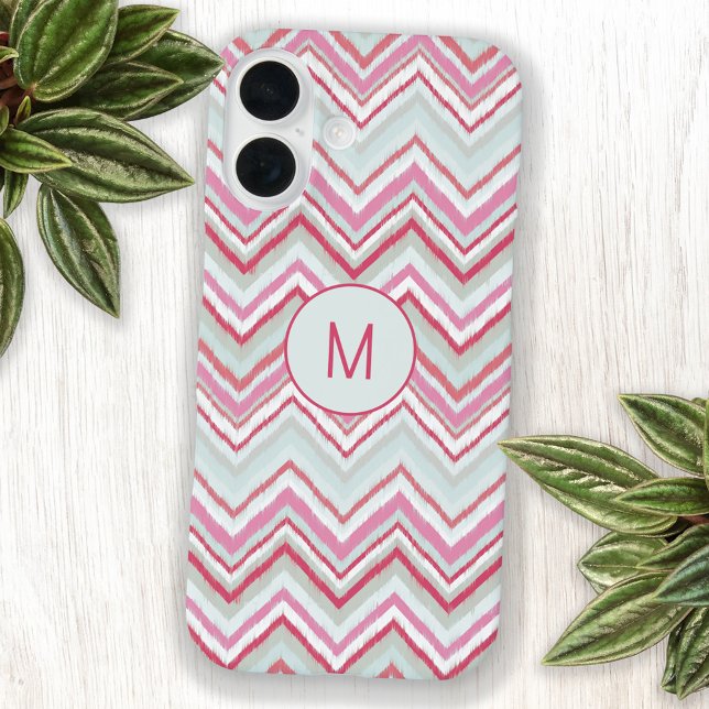 Initial des modernen Ikat Zickzack Stripe Monogram Case-Mate iPhone Hülle (Modern abstract Ikat chevron zigzag geometric stripe monogram initial personalized cell phone case)
