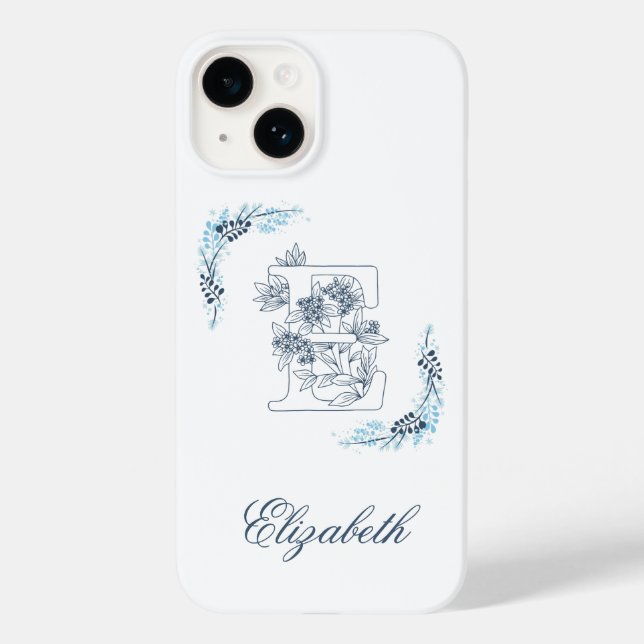 Initial "E" Blue Monogram Calm Floral Case-Mate iPhone Hülle (Rückseite)