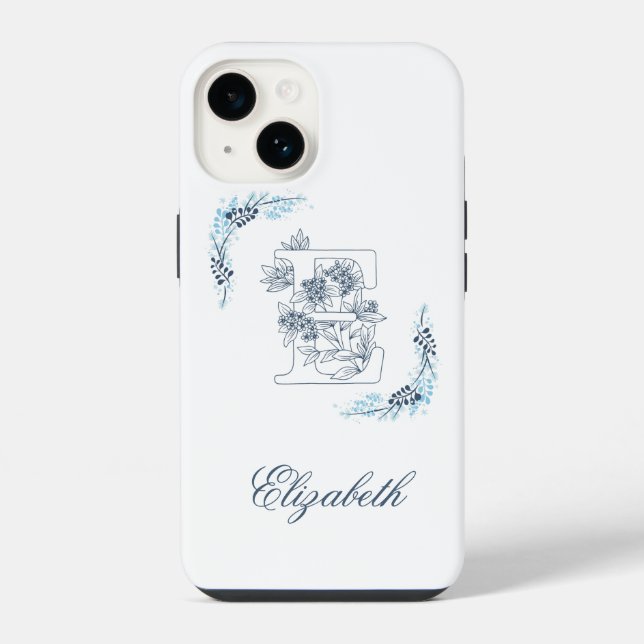 Initial "E" Blue Monogram Calm Floral iPhone Hülle (Rückseite)
