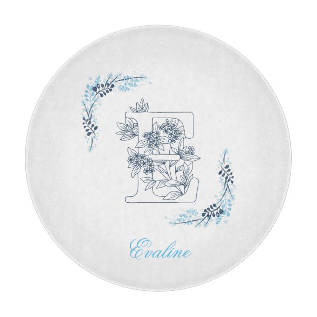 Initial "E" Blue Monogram Calm Floral Schneidebrett (Vorderseite)