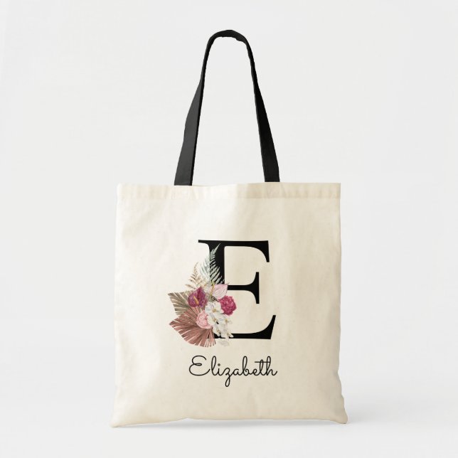 Initial E Modern Pink Boho Girly Floral Tragetasche (Vorne)