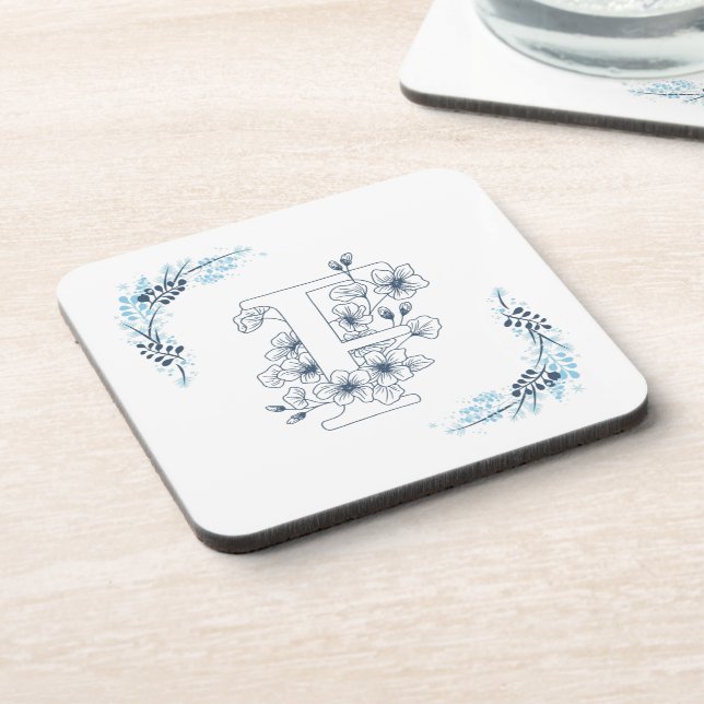 Initial "F" Blue Monogram Calm Floral Getränkeuntersetzer (Linke Seite)
