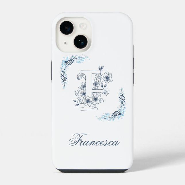 Initial "F" Blue Monogram Calm Floral iPhone Hülle (Rückseite)