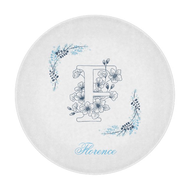 Initial "F" Blue Monogram Calm Floral Schneidebrett (Vorderseite)