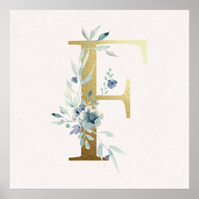 Initial F Golden and Blue Floral Monogram Poster (Vorne)
