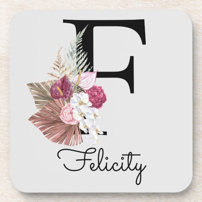 Initial F Modern Pink Boho Girly Floral Getränkeuntersetzer (Vorderseite)