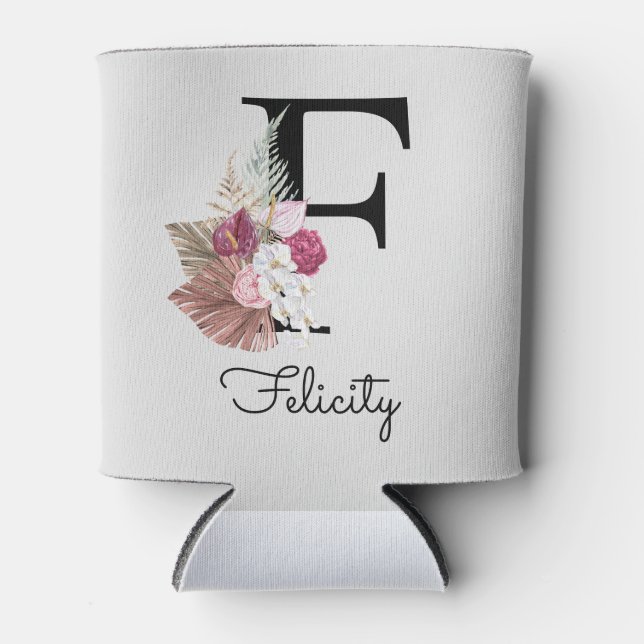 Initial F Monogramm Pink Floral Dosenkühler (Vorderseite)