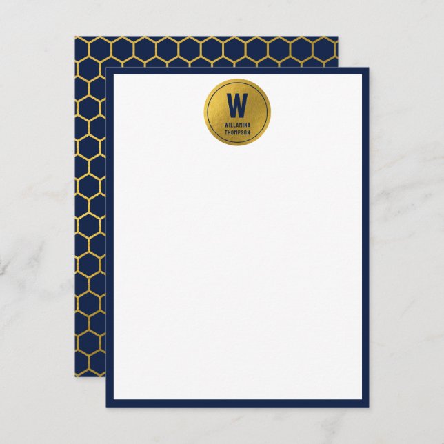 Initial für das Navy Blue & Gold Hexagon Muster Mitteilungskarte (Vorne/Hinten)